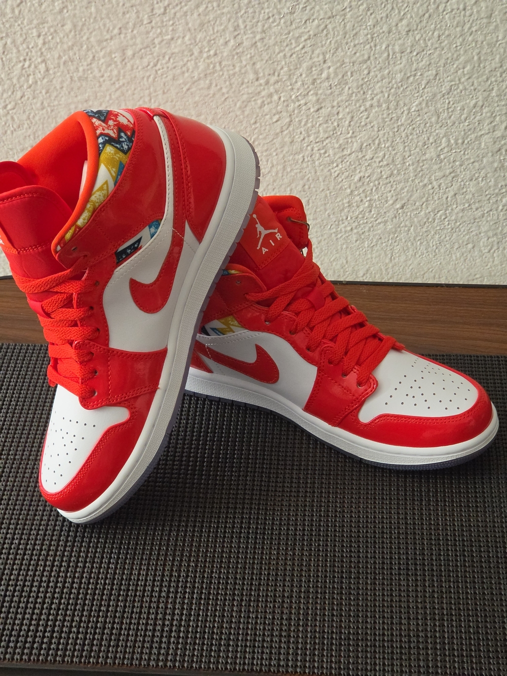 Brand NewAJ1- Mid Sneakers — Red & White With Colorful Designs On The Heel